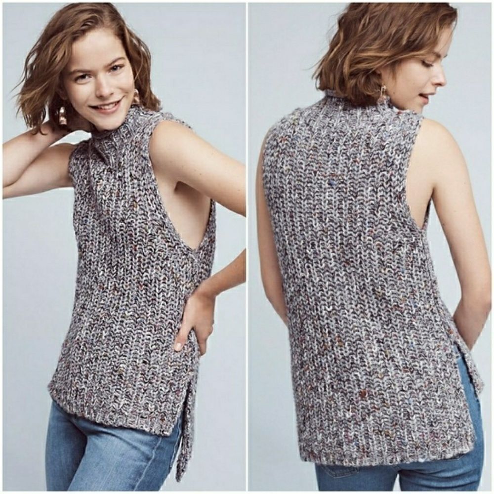 Anthropologie Joelle Knit Grey Turtleneck Sweater Tunic XS Sleeveless Cowl